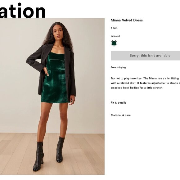 Reformation Minna Velvet Dress Emerald - Size 2 - Picture 5 of 5